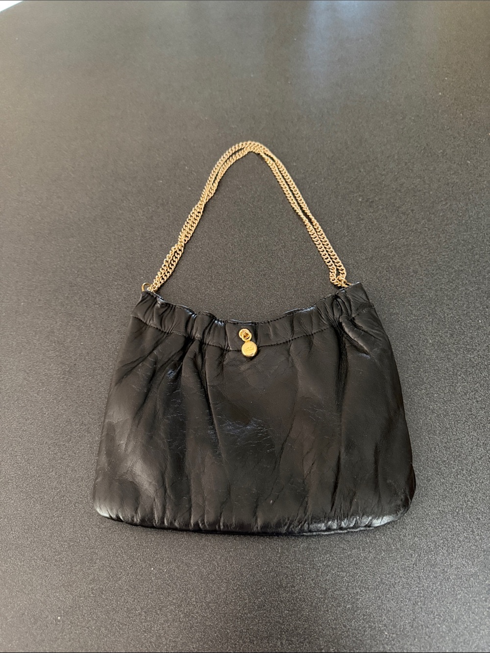 Black Leather Shoulder Bag with Gold Chain Strap